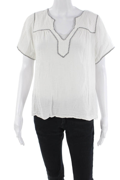 Margaret OLeary Womens Cotton Embroidered V-Neck Blouse White Size S