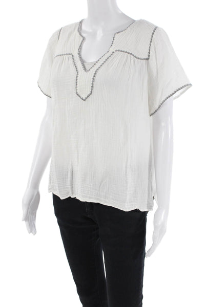 Margaret OLeary Womens Cotton Embroidered V-Neck Blouse White Size S