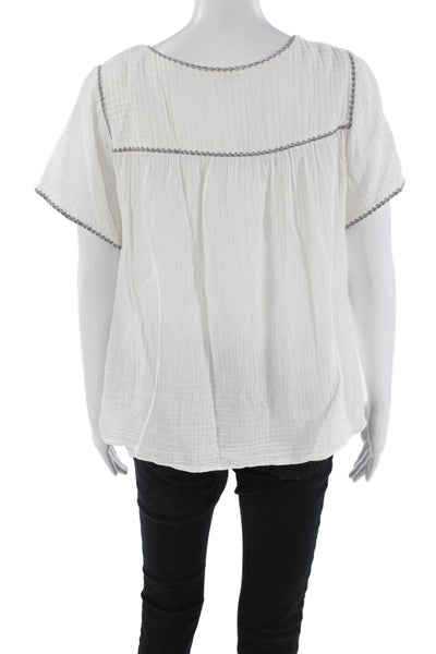 Margaret OLeary Womens Cotton Embroidered V-Neck Blouse White Size S