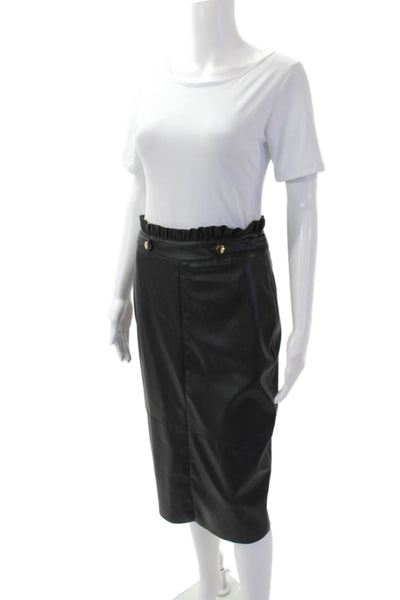 Zara Womens Vegan Leather Ruffle Detail Zip Back Skirt Black Size Medium