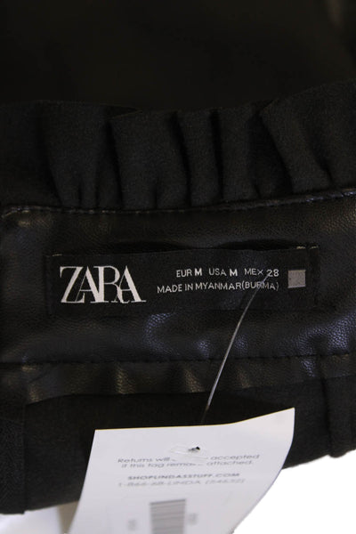 Zara Womens Vegan Leather Ruffle Detail Zip Back Skirt Black Size Medium