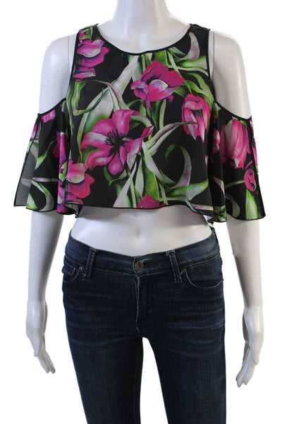 Clover Canyon Womens Floral Print Cropped Blouse Black Pink Size Extra Small