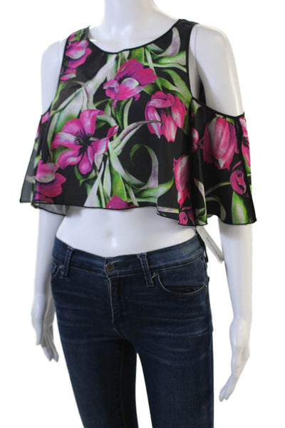 Clover Canyon Womens Floral Print Cropped Blouse Black Pink Size Extra Small