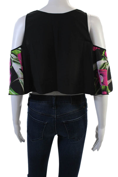 Clover Canyon Womens Floral Print Cropped Blouse Black Pink Size Extra Small