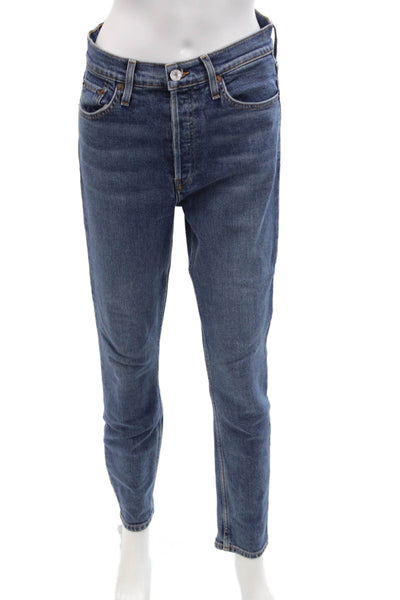 Re/Done Womens Cotton High Rise Slim Straight Leg Denim Jeans Blue Size 28