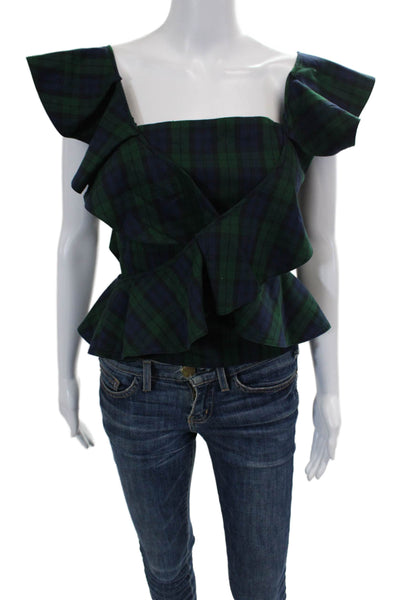 Petersyn Womens Plaid Ruffled Tank Top Green Size M