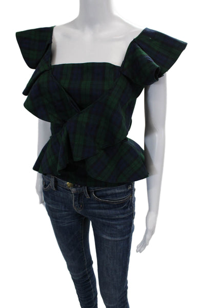 Petersyn Womens Plaid Ruffled Tank Top Green Size M