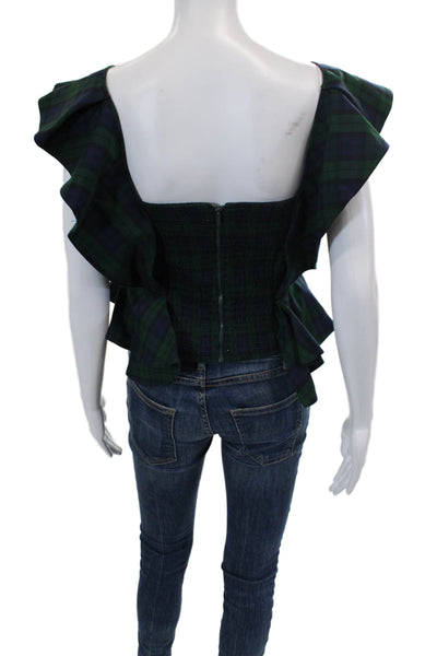 Petersyn Womens Plaid Ruffled Tank Top Green Size M