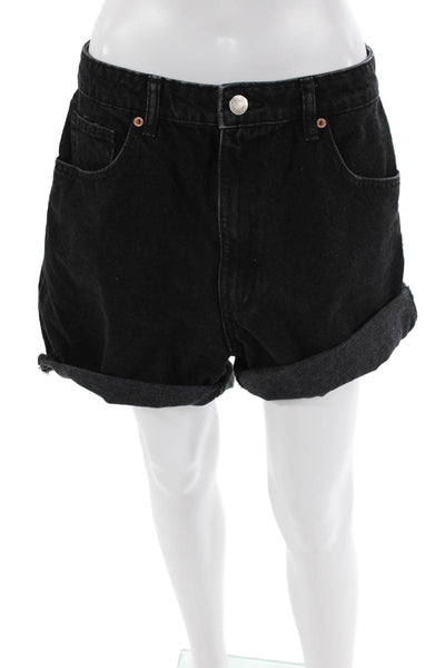 Zara Womens Denim High Rise Cuffed Zip Up Shorts Black Cotton Size 10