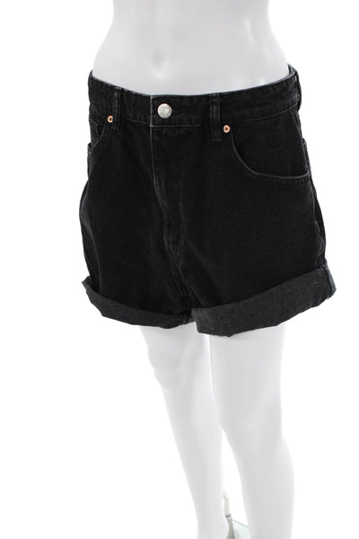 Zara Womens Denim High Rise Cuffed Zip Up Shorts Black Cotton Size 10