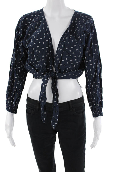 Muze Womens Spotted Long Sleeves Wrap Blouse Navy Blue Size Small