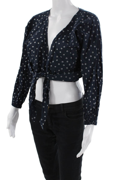 Muze Womens Spotted Long Sleeves Wrap Blouse Navy Blue Size Small