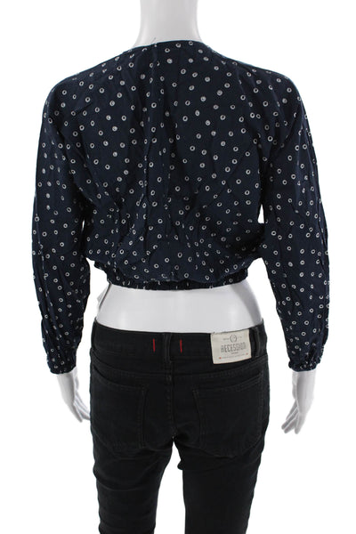Muze Womens Spotted Long Sleeves Wrap Blouse Navy Blue Size Small