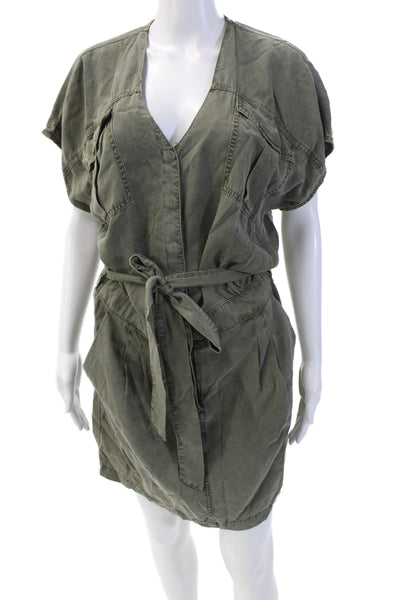 Splendid Womens Short Sleeve Button Down Tie Waist Utility Dress Green Size S