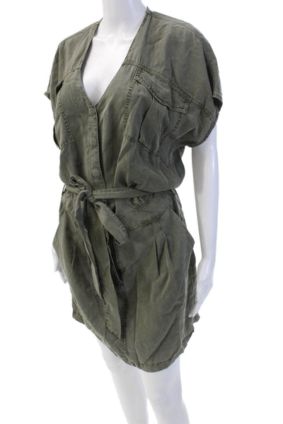 Splendid Womens Short Sleeve Button Down Tie Waist Utility Dress Green Size S
