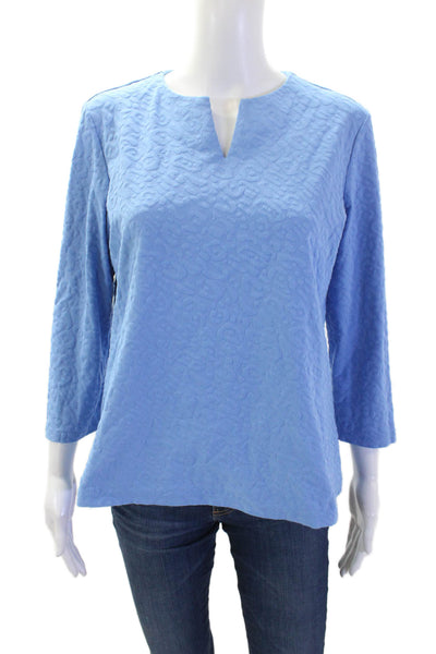 J. Mclaughlin Womens Long Sleeve Spotted Print Notched Neckline Top Blue Size L