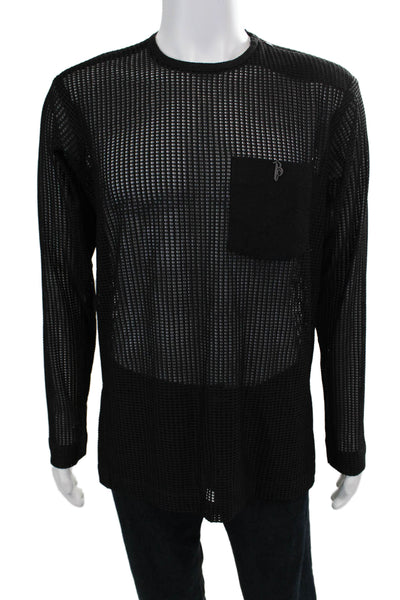 Biglommoz Mens Mesh Round Neck Long Sleeve Shirt Black Size M