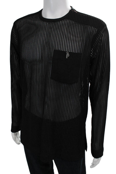 Biglommoz Mens Mesh Round Neck Long Sleeve Shirt Black Size M