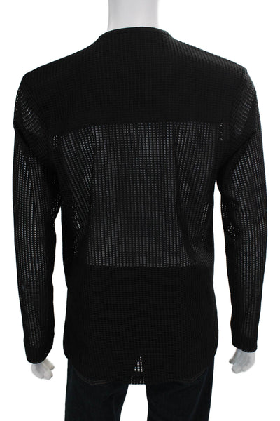 Biglommoz Mens Mesh Round Neck Long Sleeve Shirt Black Size M