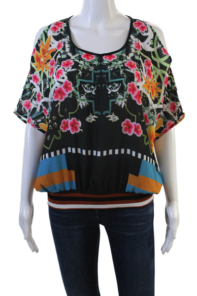 Clover Canyon Womens Floral Print Short Sleeves Blouse Multi Colored Size Medium