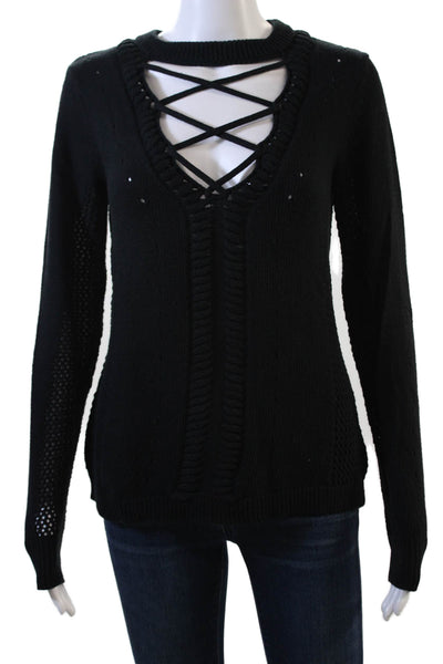 Minnie Rose Womens Long Sleeve Open Knit Strappy Keyhole Sweater Black Small