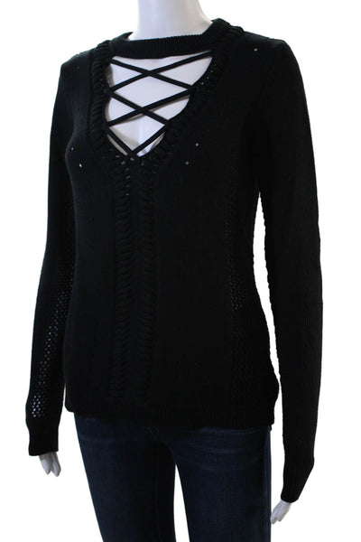 Minnie Rose Womens Long Sleeve Open Knit Strappy Keyhole Sweater Black Small