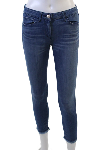 3x1 Womens Zipper Fly High Rise Fringe Skinny Jeans Blue Denim Size 25