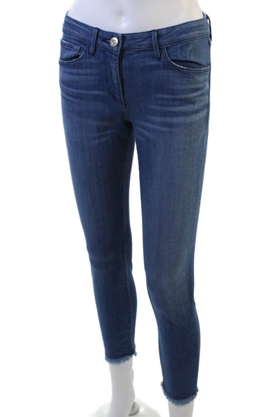 3x1 Womens Zipper Fly High Rise Fringe Skinny Jeans Blue Denim Size 25