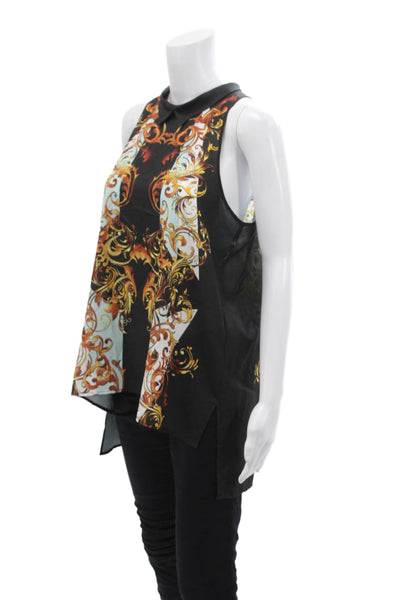 Clover Canyon Womens Printed Collar Sleeveless Blouse Top Black Multi Size M