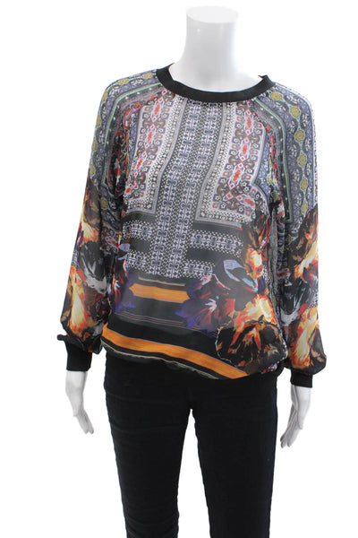 Clover Canyon Womens Sheer Graphic Long Sleeve Blouse Top Multicolor Size M