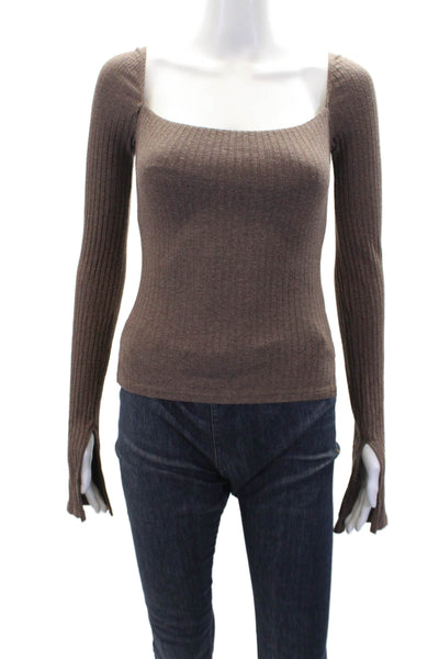 Carbon 38 Womens Ribbed Square Neck Long Sleeve Blouse Top Brown Size XS