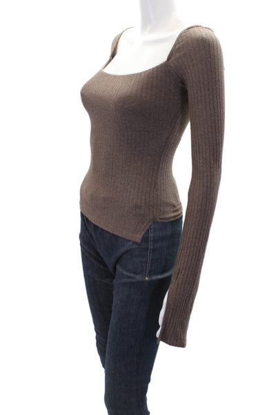 Carbon 38 Womens Ribbed Square Neck Long Sleeve Blouse Top Brown Size XS