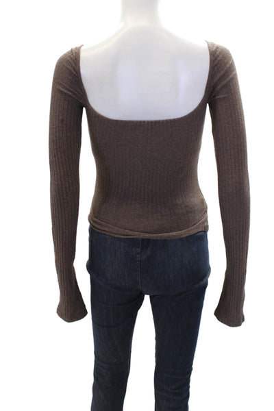 Carbon 38 Womens Ribbed Square Neck Long Sleeve Blouse Top Brown Size XS