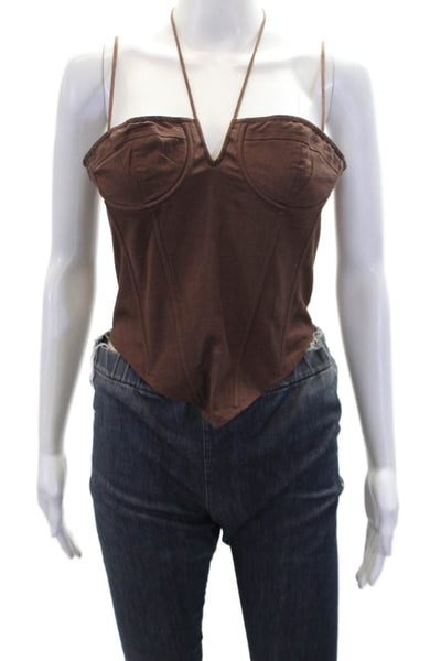 Lioness Womens Linen Zip Back Sleeveless Corset Blouse Top Brown Size S