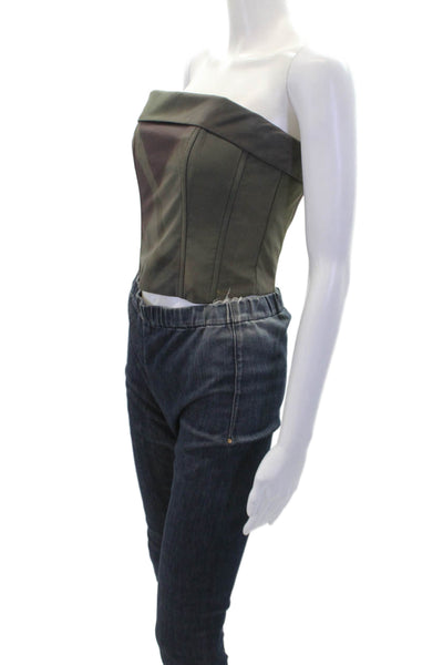 With Jean Womens Printed Zip Back Strapless Corset Top Moss Green Size S