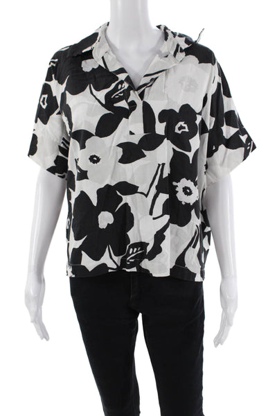 Natori Womens Floral Print Short Sleeve V-Neck Boyfriend Shirt Black Gray Size S
