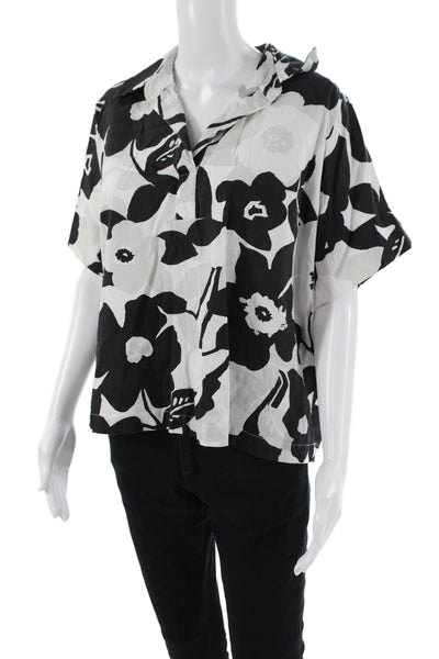 Natori Womens Floral Print Short Sleeve V-Neck Boyfriend Shirt Black Gray Size S