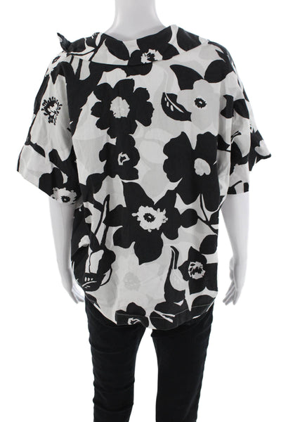 Natori Womens Floral Print Short Sleeve V-Neck Boyfriend Shirt Black Gray Size S