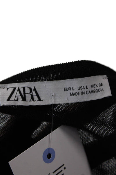 Zara Womens Crew Neck Long Sleeve Casual Top Solid Black Size L
