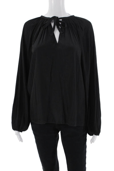 Ramy Brook Womens Satin Peasant Sleeve Tied Neck Detail Blouse Black Size XS