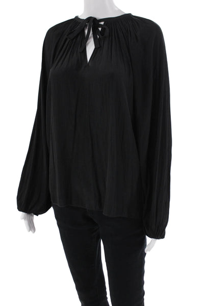 Ramy Brook Womens Satin Peasant Sleeve Tied Neck Detail Blouse Black Size XS