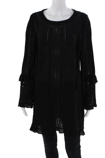 IRO Womens Ruffled Trim Eyelet Detail Long Sleeve Tunic Blouse Black Size 36