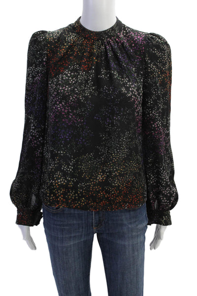 CO Womens Silk Floral Crew Neck Long Sleeve Blouse Top Black Size XS