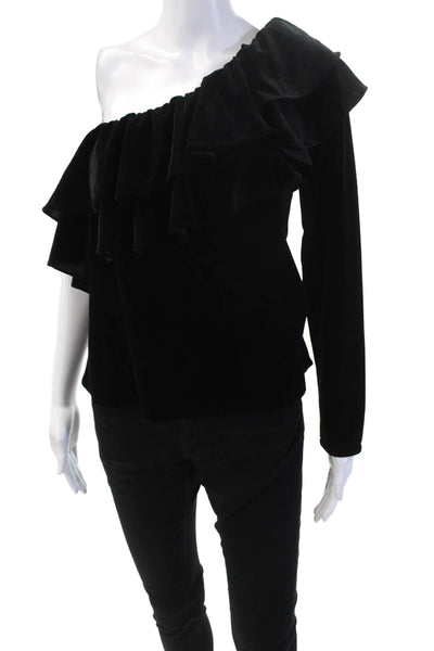 Misa Womens Long Sleeve Ruffled One Shoulder Velvet Top Black Size Medium