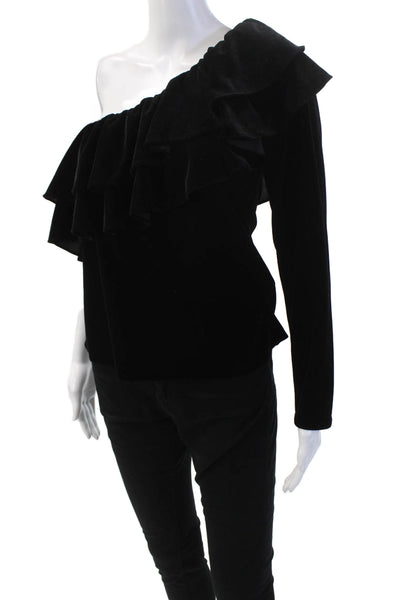 Misa Womens Long Sleeve Ruffled One Shoulder Velvet Top Black Size Medium
