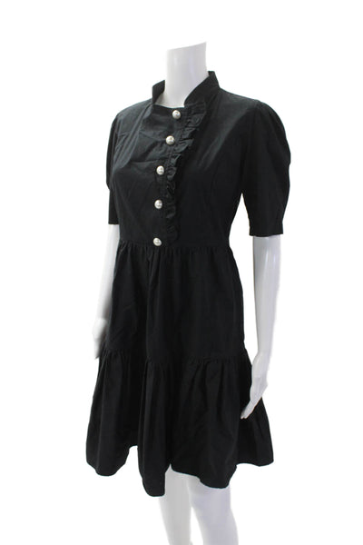 Batsheva Womens Faux Pearl Button Ruffled Trim Tiered Dress Black Size 0