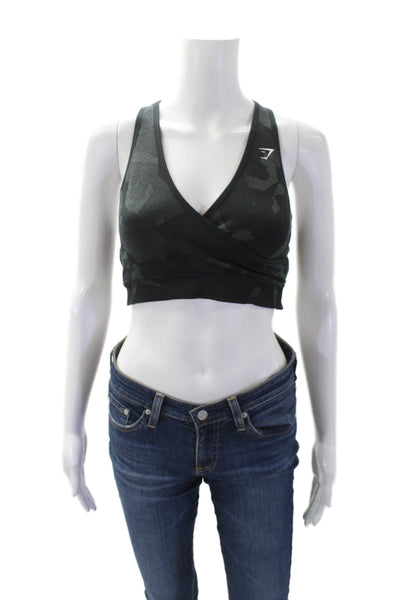 GYMSHARK Womens Camouflage Print Criss Cross Sports Bra Black Green Size M