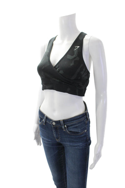 GYMSHARK Womens Camouflage Print Criss Cross Sports Bra Black Green Size M
