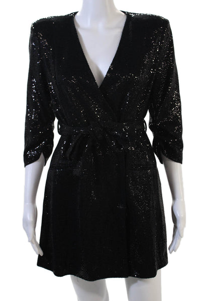 Zara Womens 3/4 Sleeve V Neck Sequin Knit Mini Dresses Black Size Medium