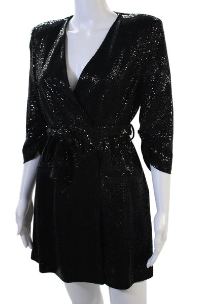 Zara Womens 3/4 Sleeve V Neck Sequin Knit Mini Dresses Black Size Medium